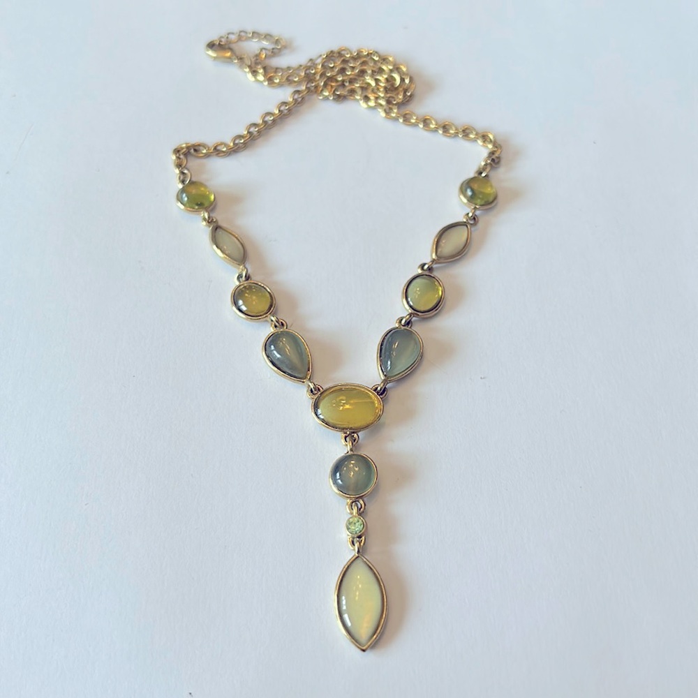 Trifari Shades of Green Beaded & Rhinestone Y-Drop Choker Necklace